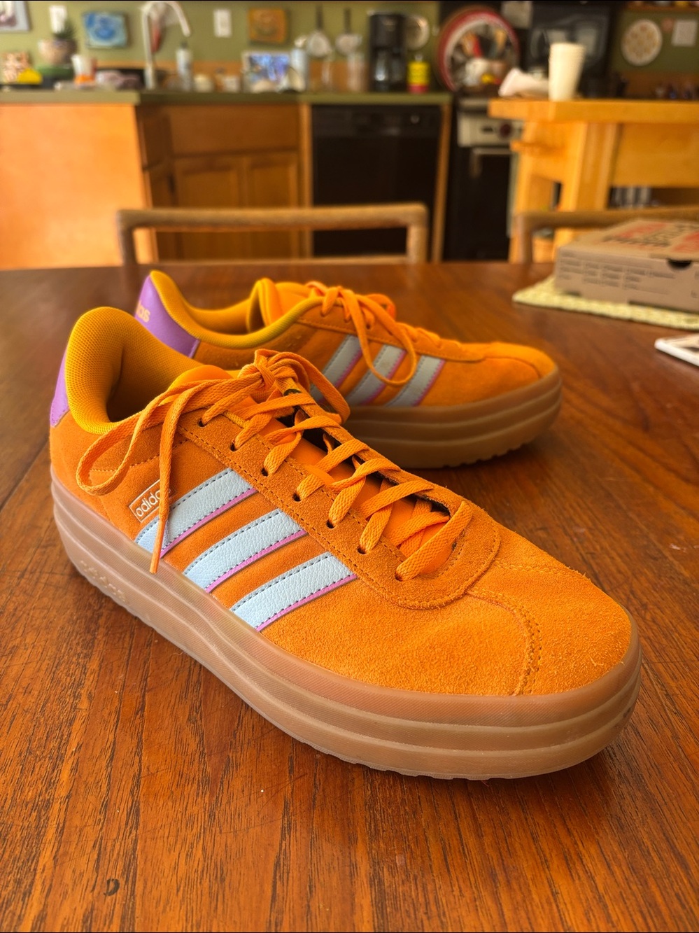 adidas Orange Suede Platform Sneakers with Light Blue Stripes